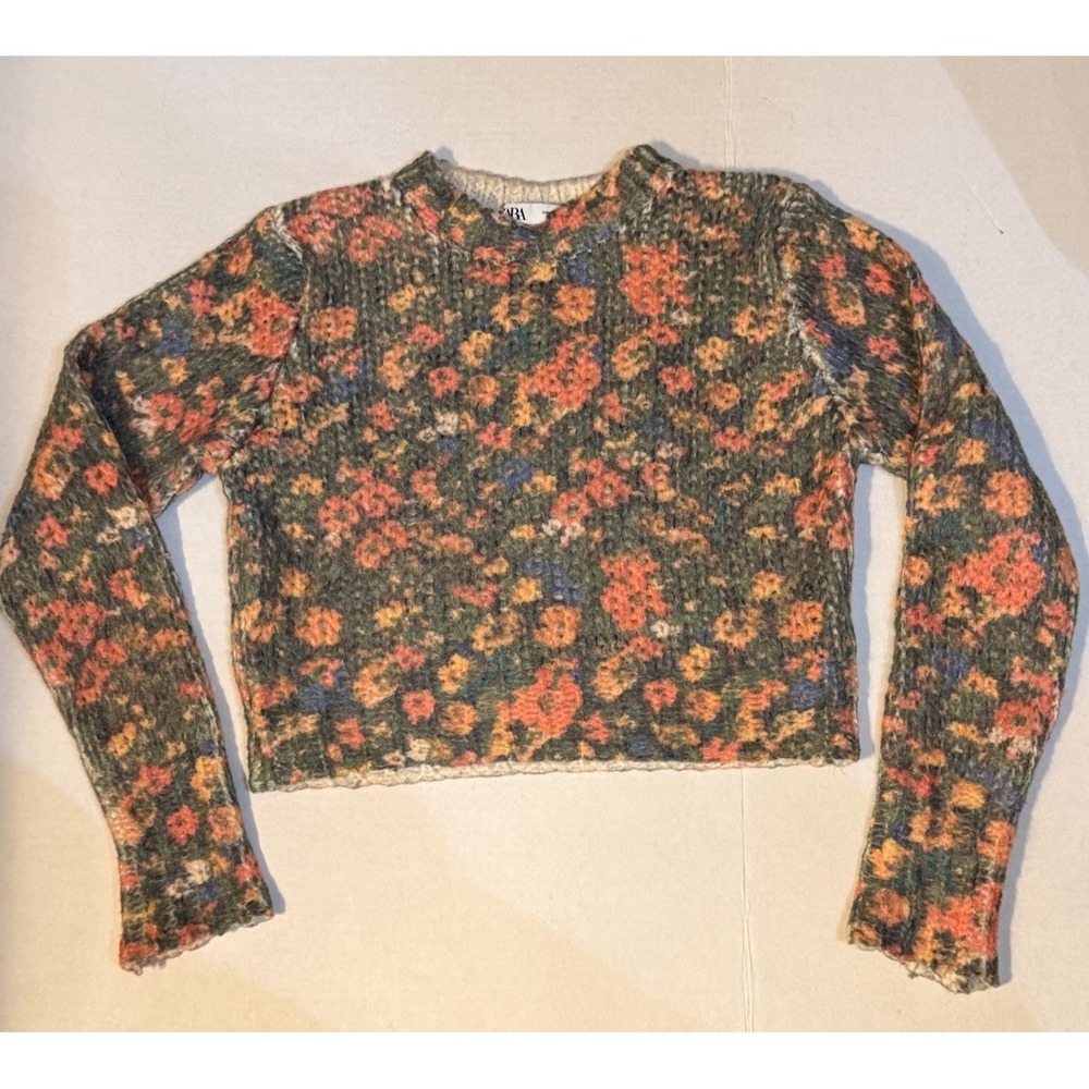 Zara Women's Floral Wool Blend Knit Cropped‎ Sweater Small Granny Flowers